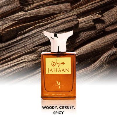 "Luxurious Jahaan perfume blending citrus, spices, and woods"