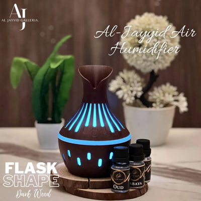 Air humidifier with 3 free scents placed on wooden plate with a peacfull & aesthethic background.