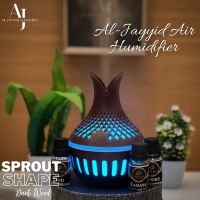 Air humidifier sprout shape dark wood colour with colourful lights and 3 free fragraces Oud, Sabaya & Desire.