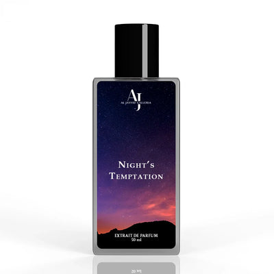 Elegant Nights Temptation fragrance showcasing the blend of orange flower, cedarwood, and patchouli for a long-lasting scent.