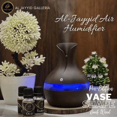 Vase Shape Air Humidifier in light wood colour by  Al Jayyid with Galleria. with colourful blue light & 3 free scents.