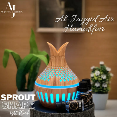 air humidifier sprout shape by Al Jayyid Galleria light wood colour with 3 free fragrances Oud, Sabaya & desire.
